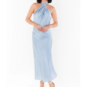 Show Me Your Mumu Jasmine Halter Midi Dress in Steel Blue Luxe Satin Large NWOT